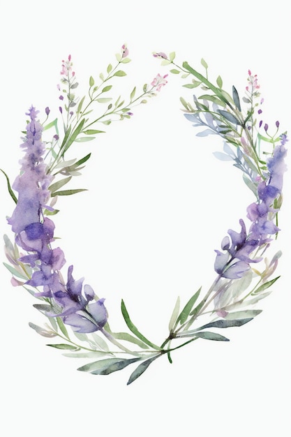 A wreath of lavender flowers is in a watercolor style.