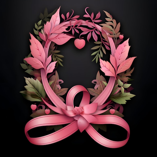 Photo wreath of leaves and berries with pink ribbon on black background