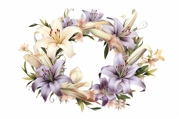 A wreath of lilies is made by the artist.