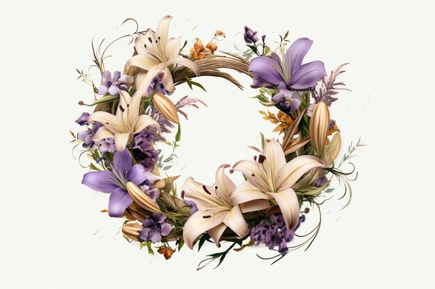 A wreath of lilies is shown on a white background.