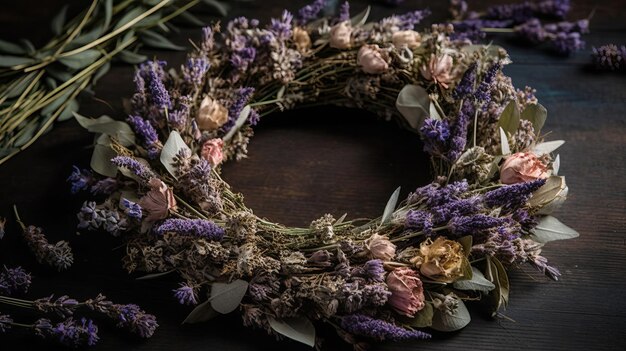 A wreath made of dried leaves and lavender flowers AI generated