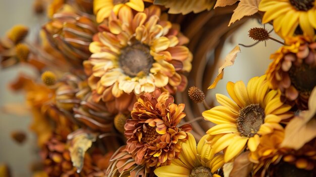 Photo a wreath made entirely of dried sunflowers creating a warm and welcoming atmosphere