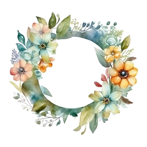 Wreath made of flowers on white background Generative ai