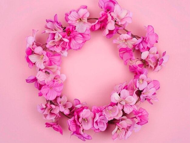 写真 ピンクの背景にピンクの花束で作られた花束 フラットレイトップビューコピースペース