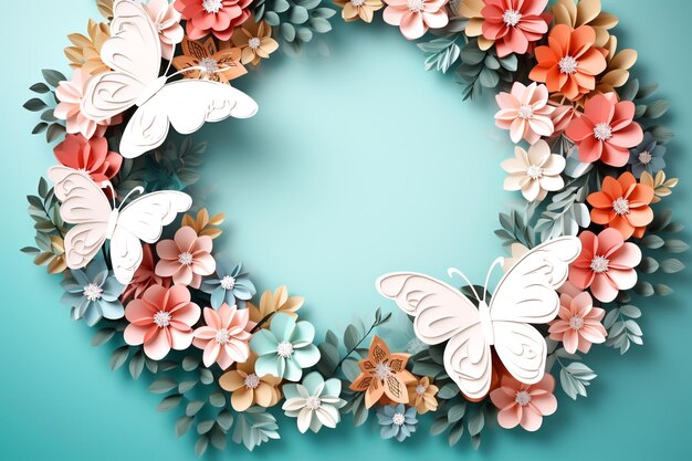 A wreath made of paper flowers and butterflies