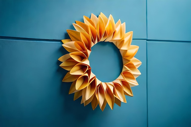 Photo a wreath made of paper flowers is on a blue tile.