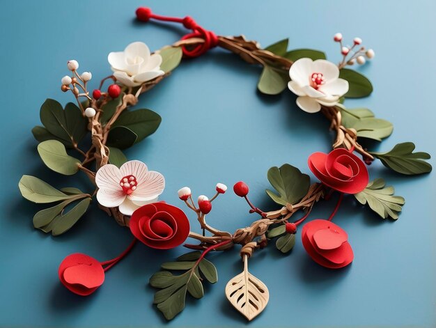 a wreath made of paper flowers and leaves on a blue surface with a red and white tag