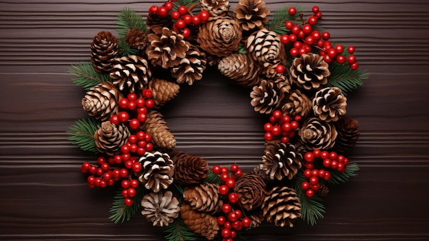 A wreath made of pine cones and holly leaves