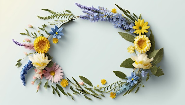 Wreath Made of Various Spring Flowers on White Background Spring Theme