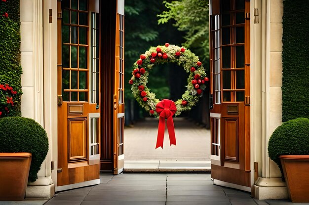 写真 赤いリボンがついたドアの花束