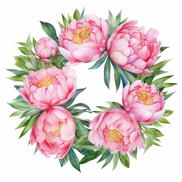 A wreath of pink peonies with green leaves.