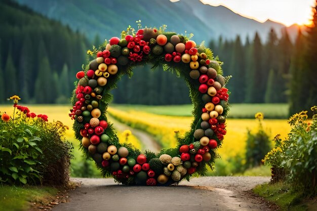 A wreath of pomegranates is decorated with berries and flowers