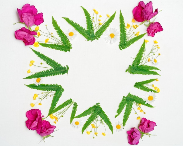 Wreath of ranunculus, chamomile and leaves of green fern on white background. Pink tea rose. Flat lay.