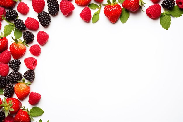 A wreath of raspberries and blackberries with leaves on a white background