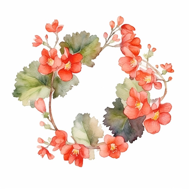 A wreath of red flowers with green leaves and the word geranium on the bottom.