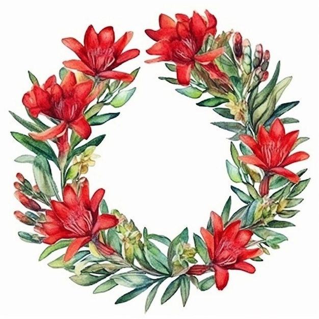 Photo a wreath of red flowers with green leaves and the words christmas on the bottom.