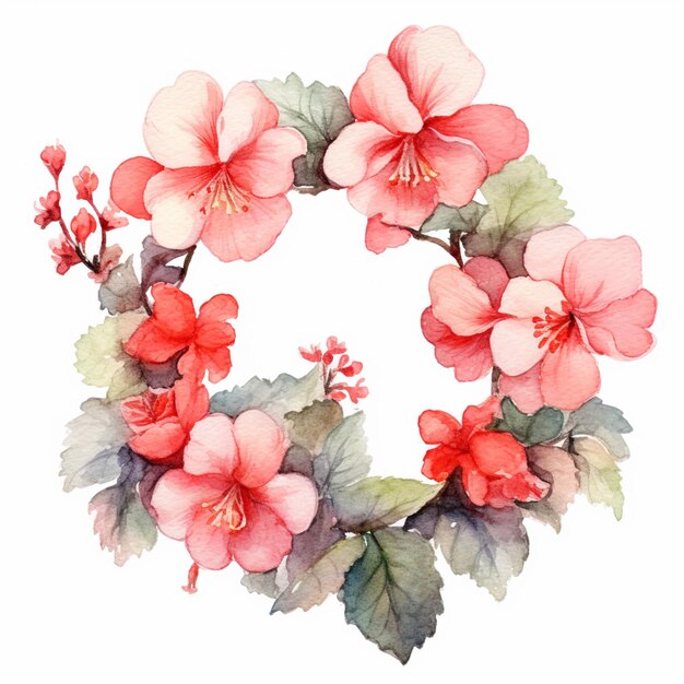 A wreath of red flowers with leaves.