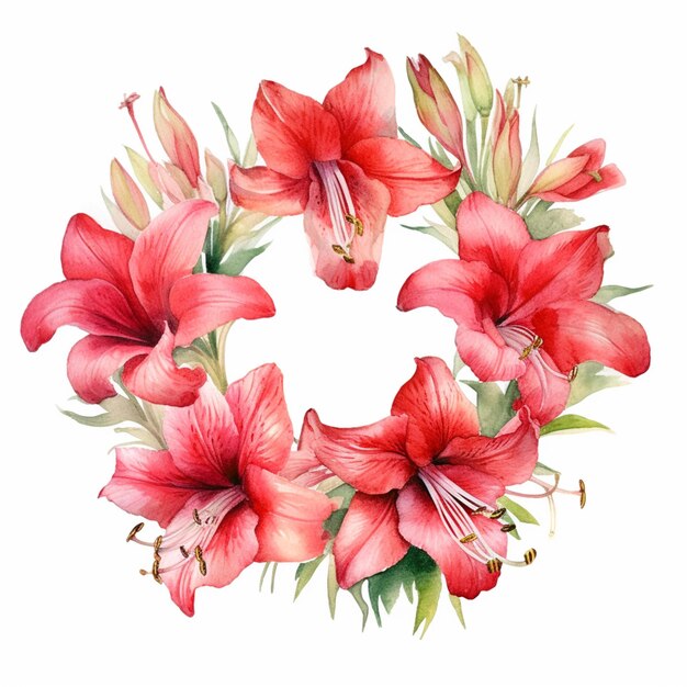 A wreath of red flowers with red lilies.
