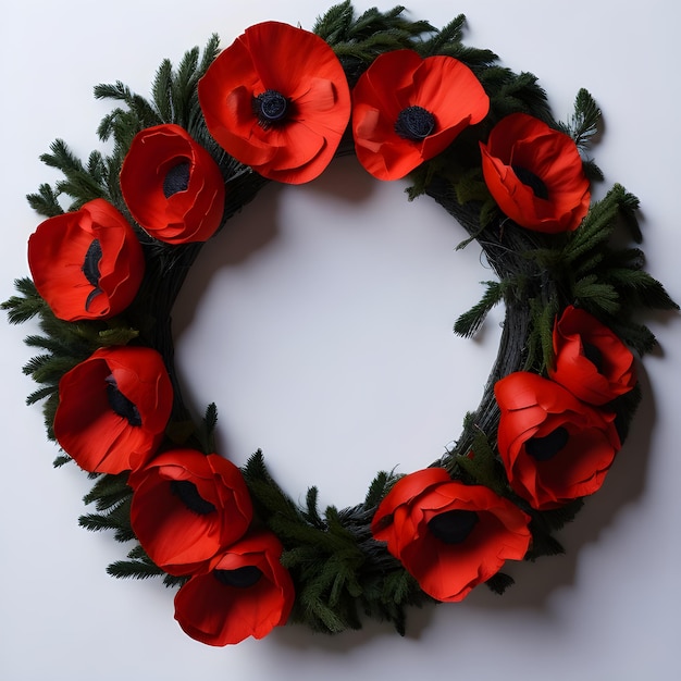 A wreath of red poppies on white background