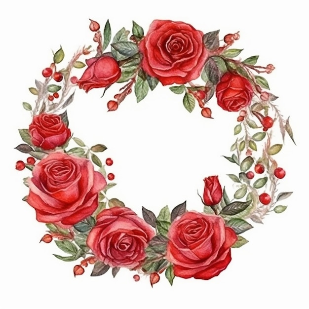 A wreath of red roses with green leaves and red berries.