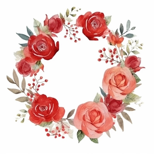 A wreath of red roses with leaves and berries.