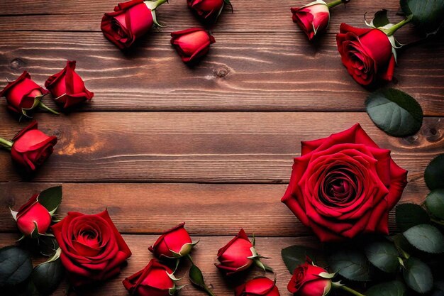 a wreath of red roses with a wreath of red roses on a wooden background