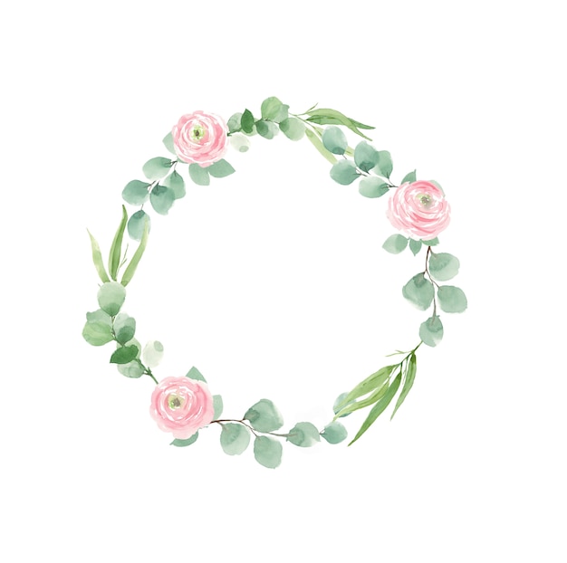 Wreath of roses and green leaves for wedding invitations