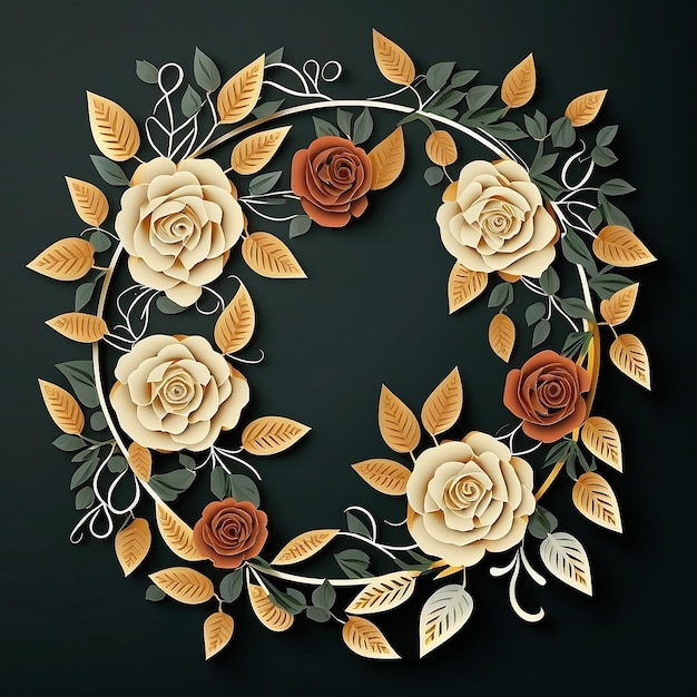 Wreath of roses and leaves in paper cut style Generative AI