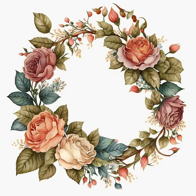 A wreath of roses and leaves on a white background generative ai