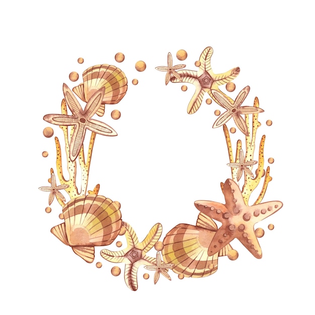 Wreath of shells, corals and starfish in beige on a white background. All elements are hand painted 