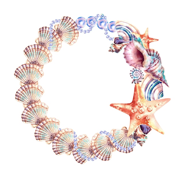 A wreath of shells starfish and pearls Marine composition Watercolor illustration on an isolated background Marine animals Design of postcards decor