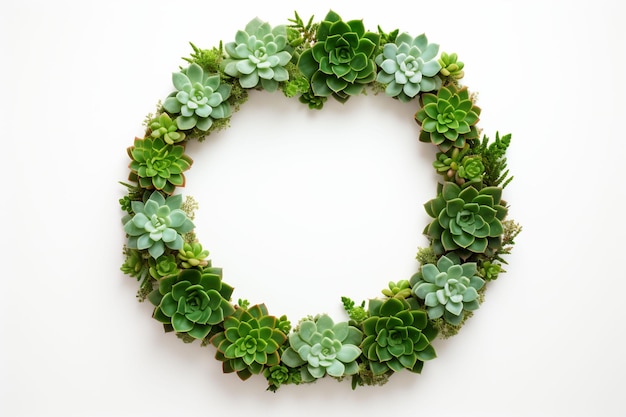 a wreath of succulents is made by hand with a white background
