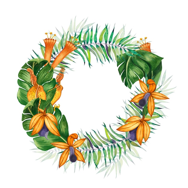 A wreath of tropical green leaves and orange flowers on a white background