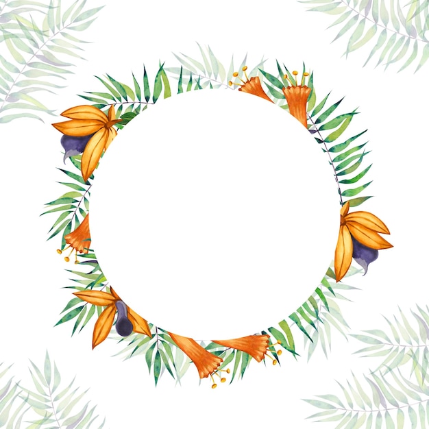 A wreath of tropical green leaves and orange flowers on a white background