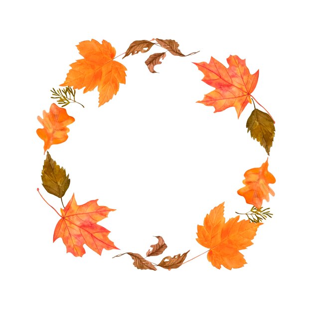 Wreath of watercolor illustrations of different leaf, isolated, white background, hand drawn