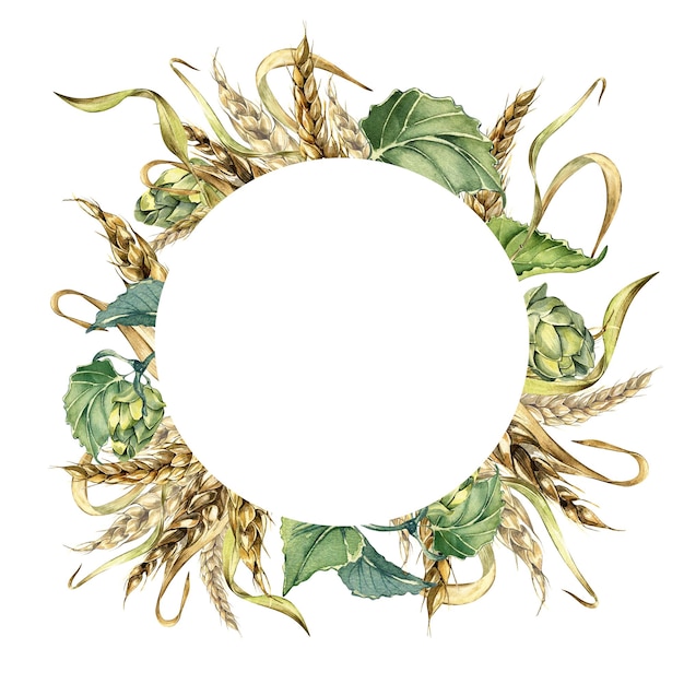 Wreath of wheat ear hop watercolor illustration isolated on white background