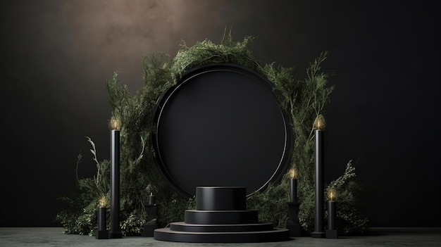 a wreath with a black frame and candles in front of a black background.