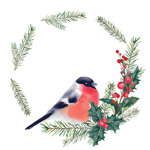 Photo a wreath with a bullfinch on a fir branch with mistletoe and red berries watercolor illustration handpainted new year and christmas