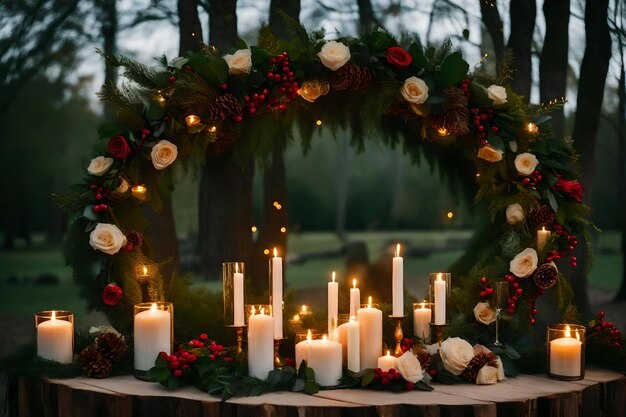 Photo wreath with candles and a wreath of flowers