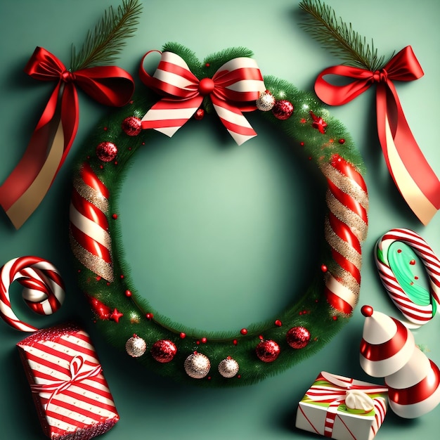 A wreath with candy and a candy cane on it