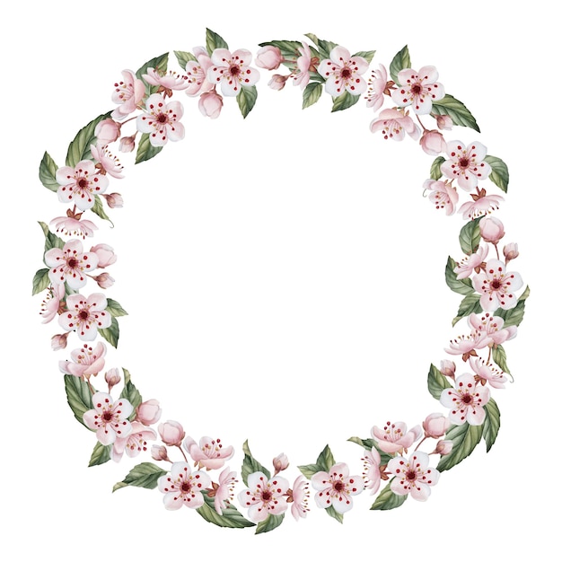 Photo wreath with cherry blossom watercolor illustration isolated on white for table textile tableware