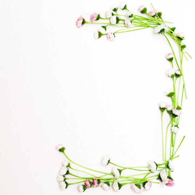 Wreath with daisy flowers on the white background. Flat lay.