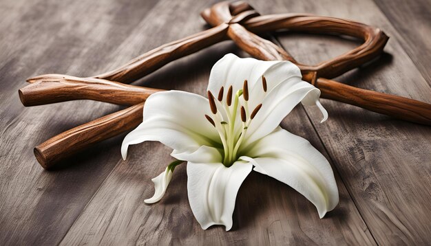 a wreath with a flower on it is placed on a wooden table