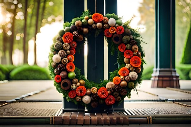 Photo a wreath with flowers on it is decorated with a green background.