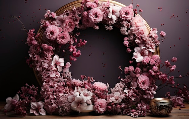 a wreath with flowers on it is decorated with pink flowers.