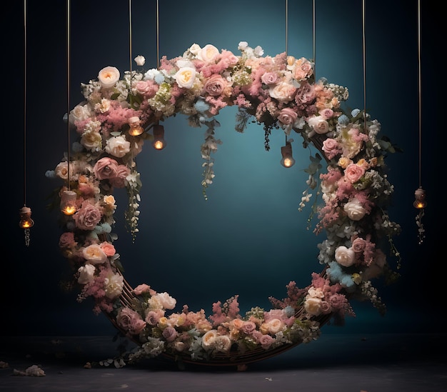 a wreath with flowers and lights hanging from a string