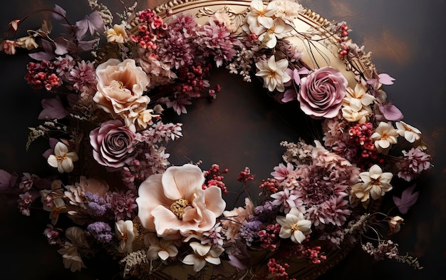 a wreath with flowers and a wreath that says " flowers ".