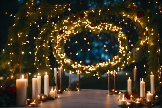 A wreath with lights that says " christmas " on the right.