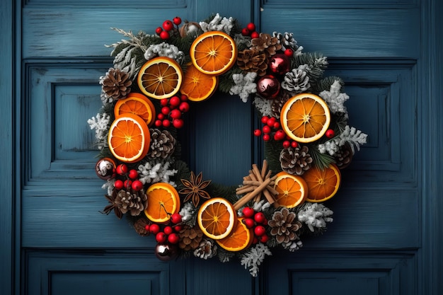 a wreath with oranges and berries on blue door