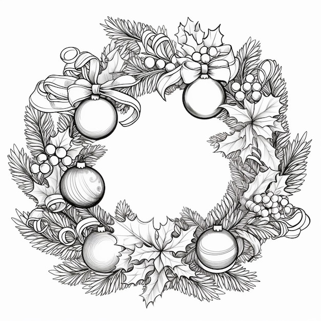 Photo a wreath with ornaments and holly leaves on a white background generative ai